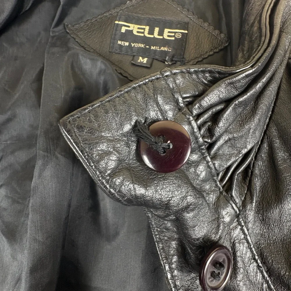Vintage Black Leather Jacket Mens Small Minimalist‎ Button Front